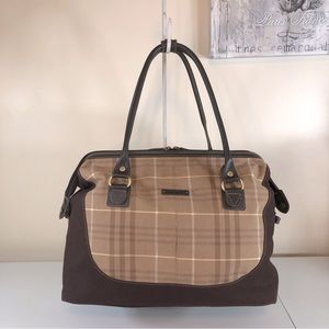 Eddie Bauer Brown Plaid travel bag with leather straps and trim. Zip closure EUC